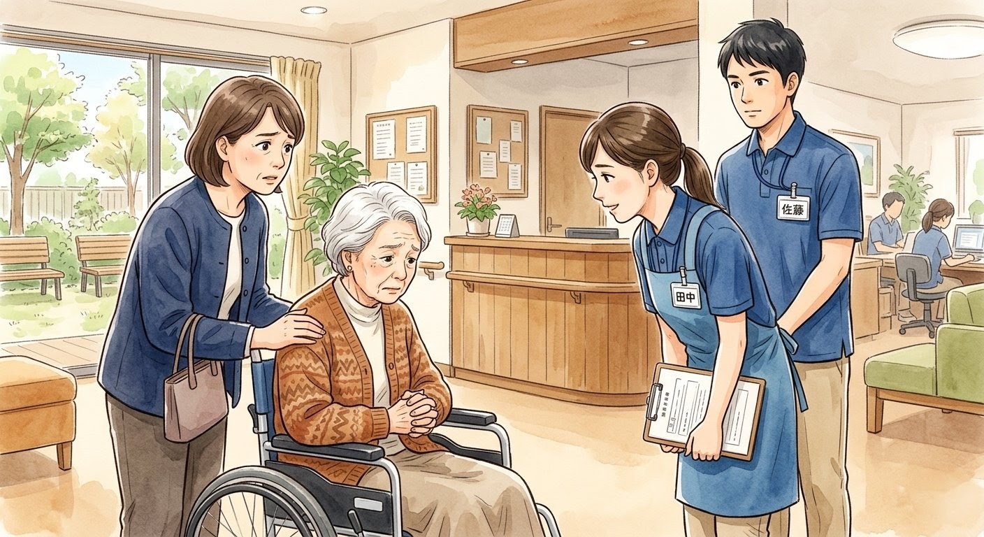 初めてのショートステイで不安そうな高齢者と寄り添う介護スタッフ