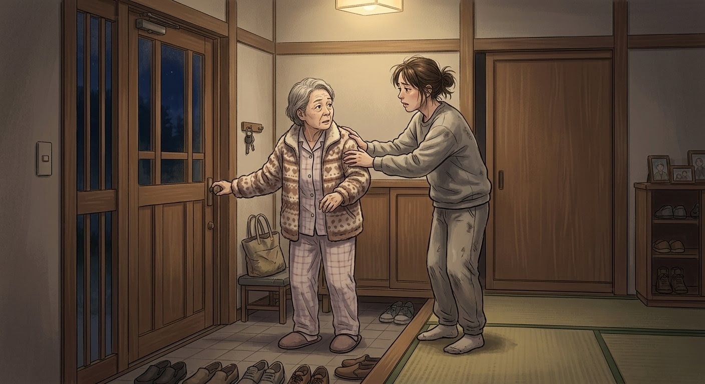 夜中に玄関で外出しようとする認知症の母親を、疲れた表情で止める家族介護者のイラスト