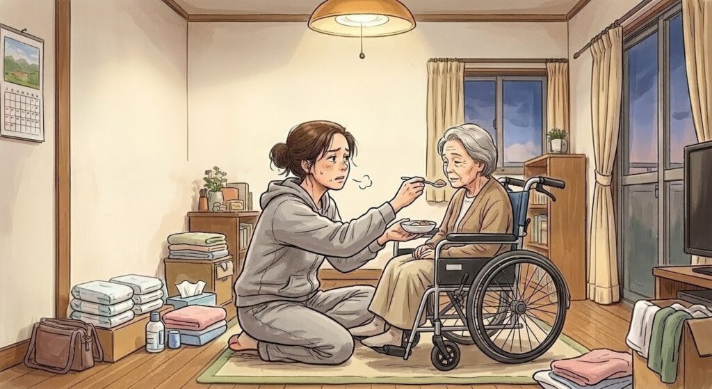 在宅介護で、兄弟はいるのに自分だけ大変な思いをして損していると感じている家族を表しているイラスト