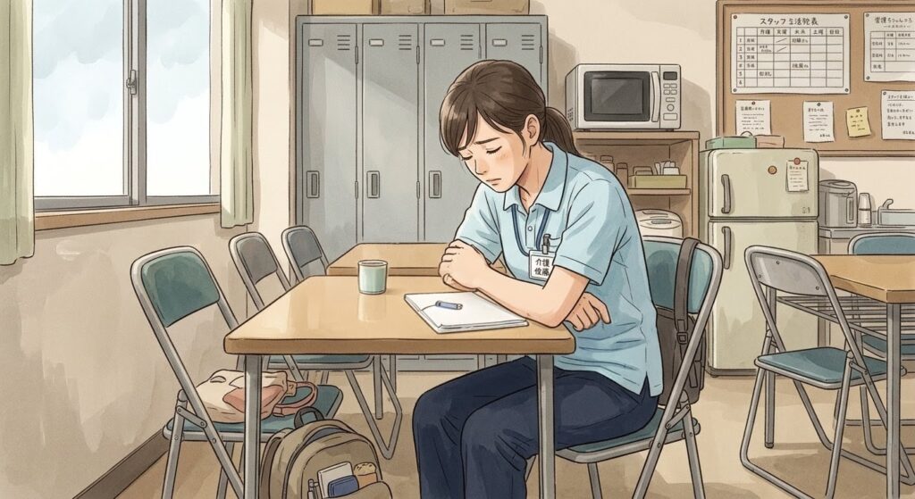 介護施設で、仕事は好きなのに介護現場の人間関係で疲れている女性スタッフが昼休み休憩室で一人で休んでいるイラスト