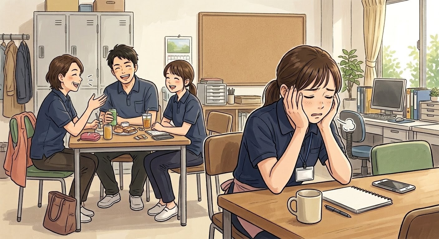 介護施設で、仕事は好きなのに介護現場の人間関係で疲れている女性スタッフが昼休み休憩室で一人で休んでいるイラスト