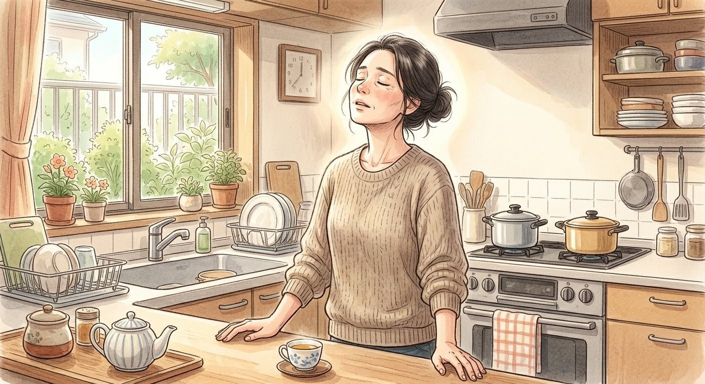 台所でお茶を前に目を閉じて一息つく女性のイラスト