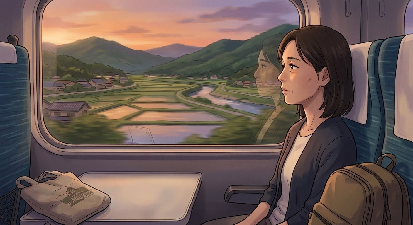 新幹線の車窓から故郷を見つめる一人っ子の遠距離介護をイメージしたイラスト