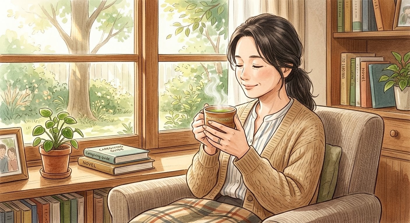 小さな楽しみを持つこと＝手を抜くことではない、介護を長く続けるため自分の時間を大切にしているイラスト