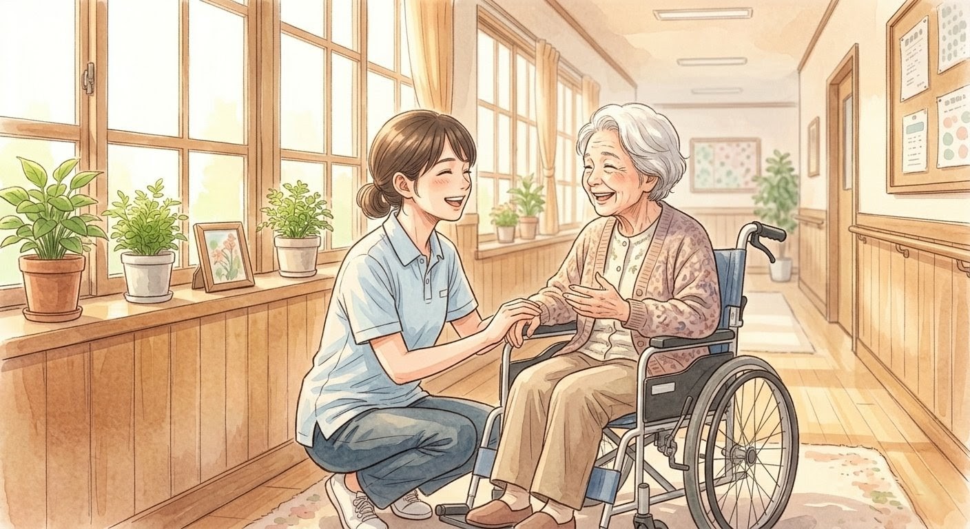 高齢の女性に寄り添い、笑顔で話を聞く家族・介護者の様子