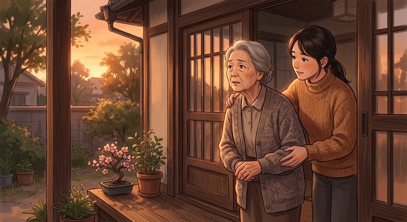 夕暮れの光の中で不安そうに立つ認知症の高齢者に、家族がそっと寄り添いながら見守っている様子。帰宅願望の背景にある不安や孤独を表現したイメージ。