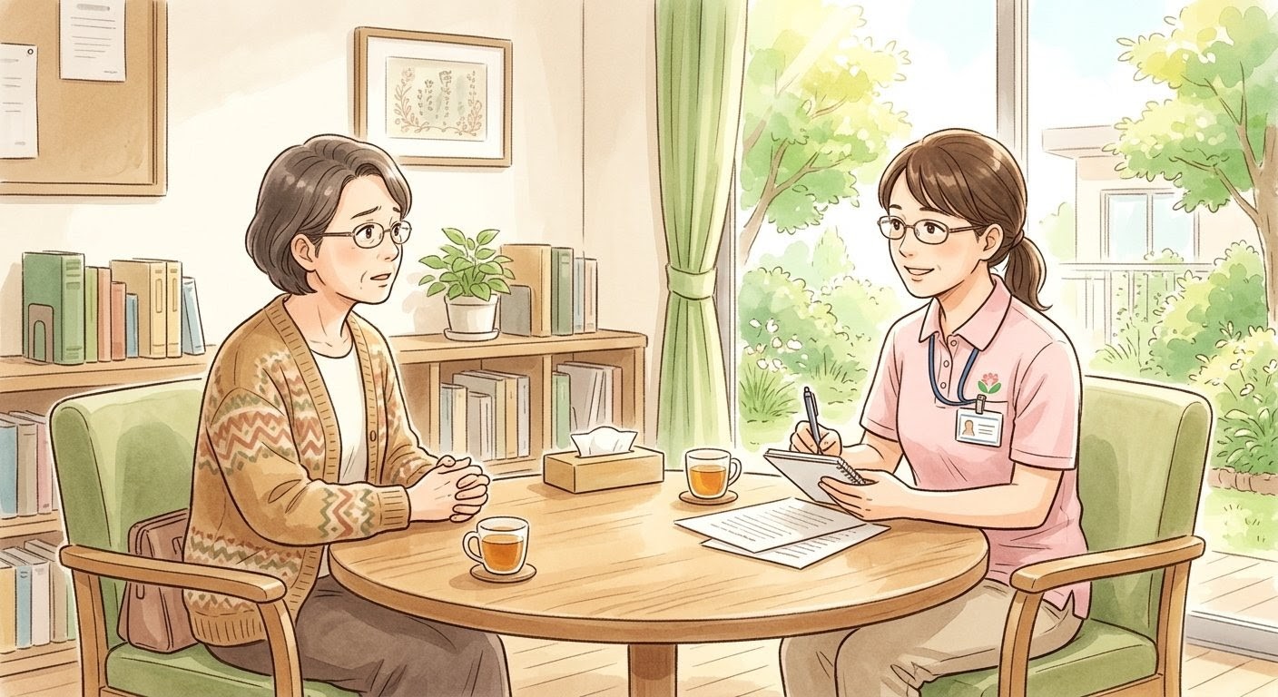介護施設の相談室で、ご家族の話に耳を傾ける生活相談員。クレームの背景にある不安や葛藤に寄り添いながら対話している様子。