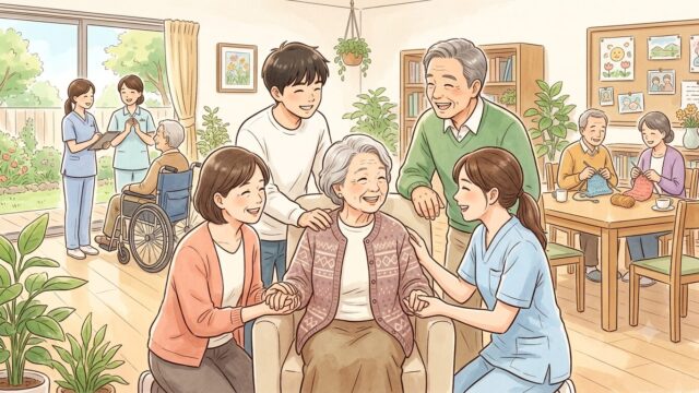 介護施設の明るい共有スペースで、面会に来た家族と職員に囲まれて笑顔で過ごす高齢の母親のイラスト