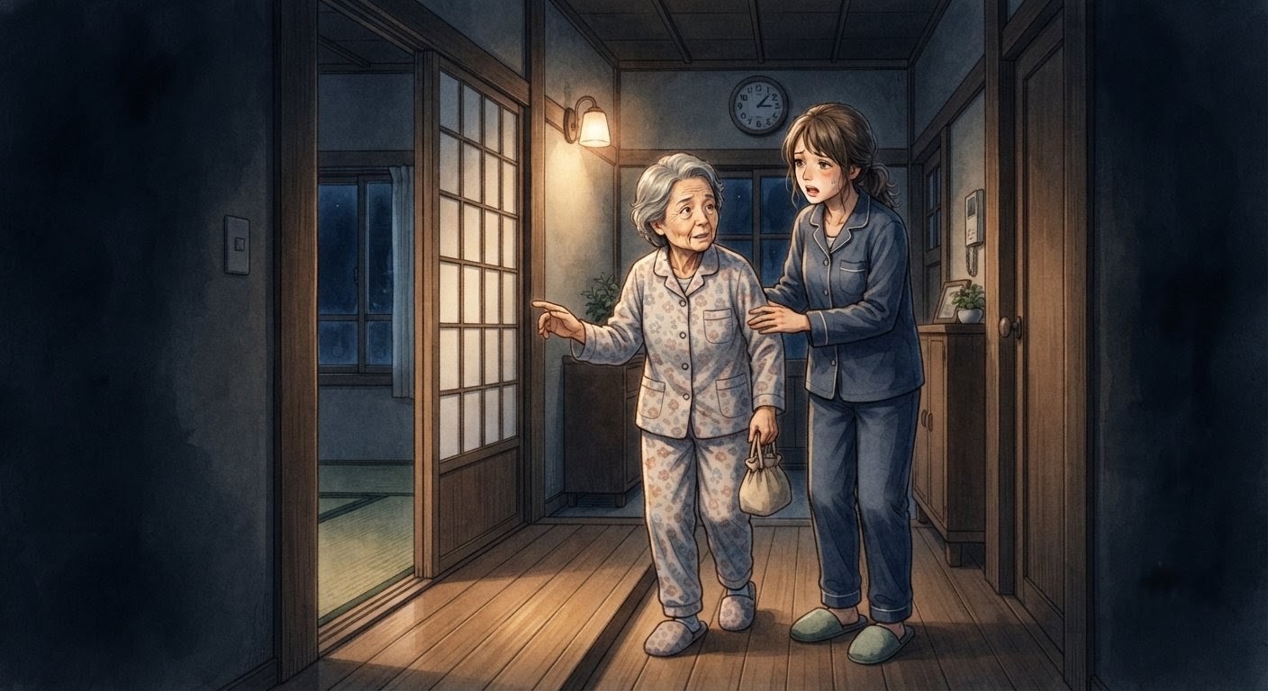夜中に起き出して廊下を歩く認知症の母親と、その腕を支えて心配する娘のイラスト