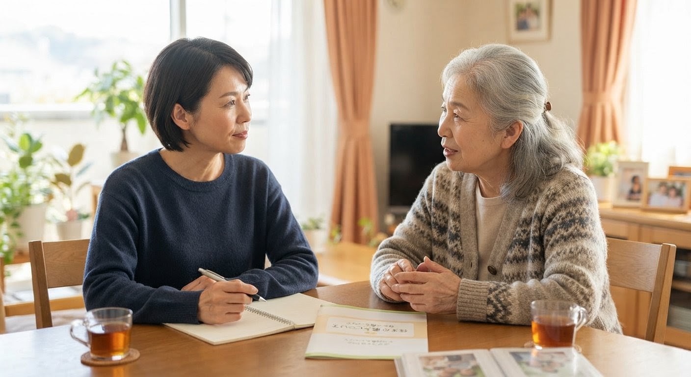 自宅のテーブルでパンフレットを見ながら、お金の備えについて話し合う高齢の母と娘