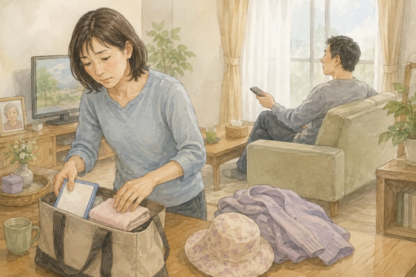 義母のデイサービスの支度をひとりで進める妻と、離れたソファでくつろぐ夫のイラスト