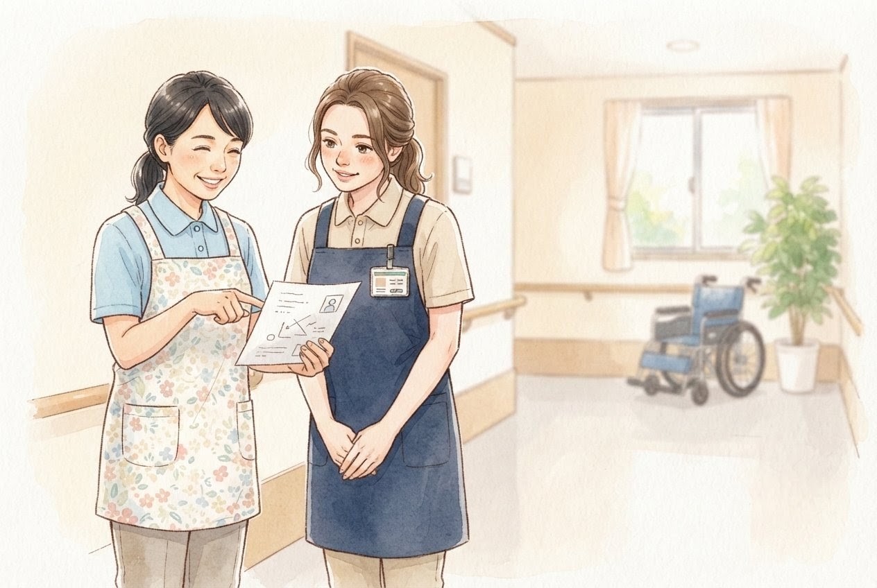 手順表を指さしながら外国人の介護職員に説明する日本人職員のイラスト