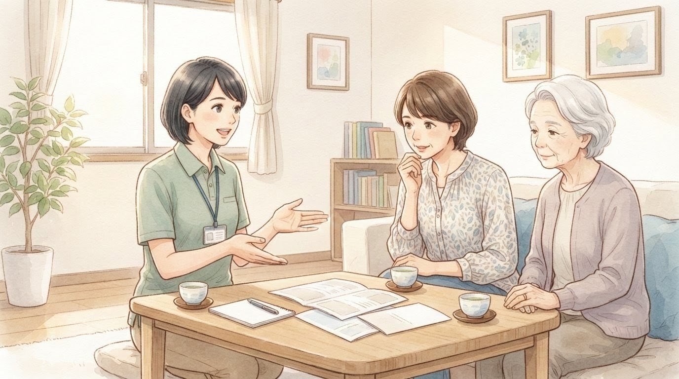 老人ホーム紹介会社の仕組みを説明する生活相談員と、パンフレットを見比べる家族のイラスト