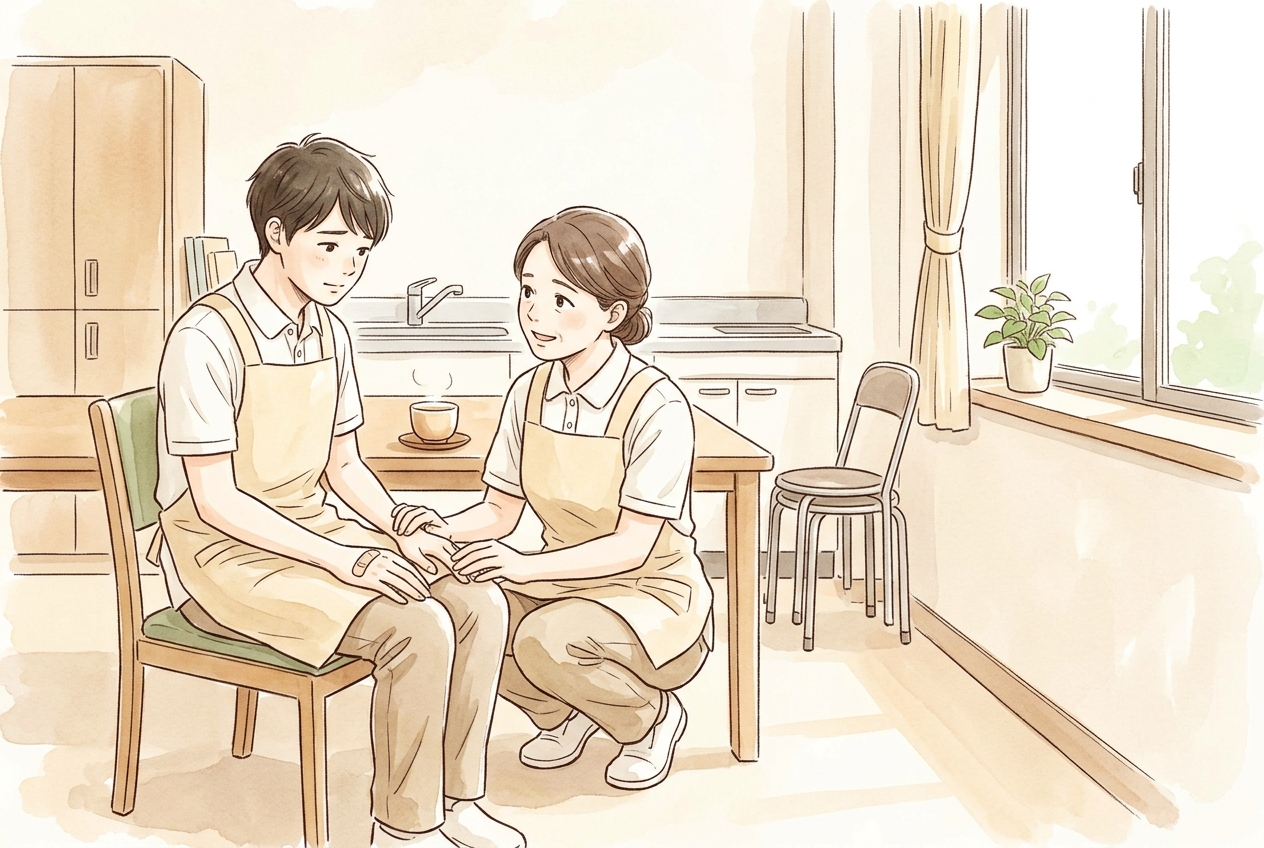 手に絆創膏を貼った若い介護職員に、先輩職員がしゃがんで「けがはない？」と声をかけるイラスト