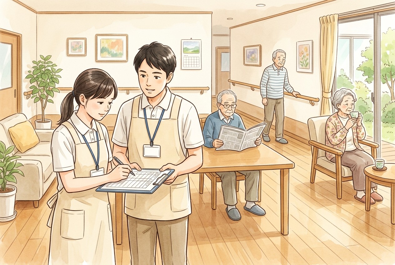 記録用紙を見て話し合う介護職員と、奥で思い思いに過ごす利用者のイラスト