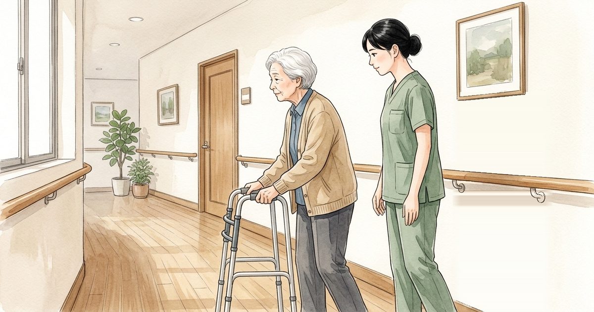 歩行器で歩く高齢者の斜めうしろで、手を出さずに見守る介護職員のイラスト