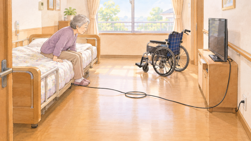 居室のベッドの端で立ち上がろうとする高齢の女性と、床を這うコードや離れた車いすが描かれたKYT用のイラスト