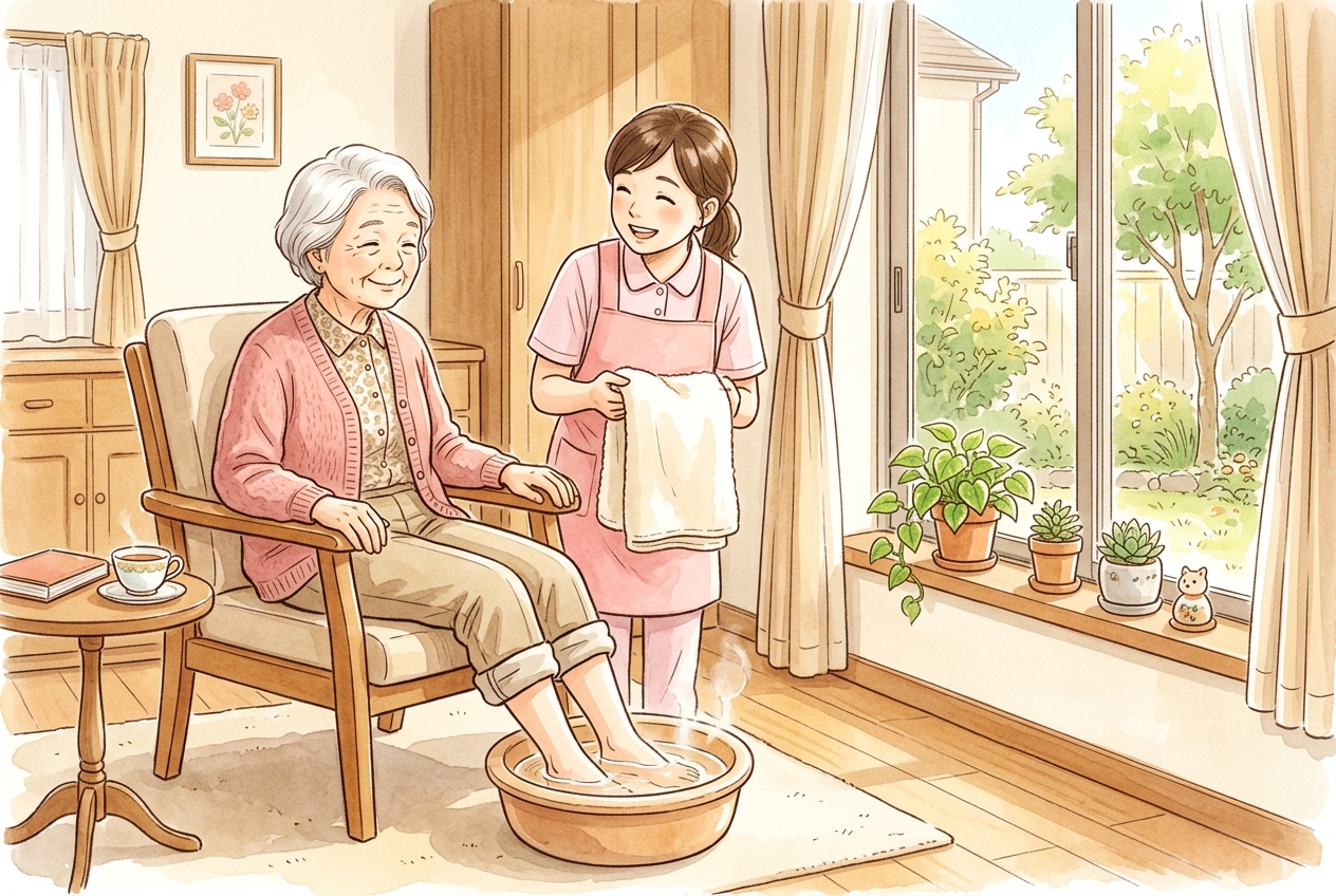 居室で足浴をする高齢の女性と、温かいタオルを持って声をかける介護職員のイラスト