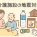 介護施設での地震対策を分かりやすく示したイラスト。利用者の安全確保と備蓄をイメージしたやさしいデザイン。