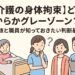 介護施設で、身体拘束のグレーゾーンについて職員と家族が話し合っている様子のイラスト。ベッド上の高齢者と、不安そうに相談する家族とスタッフが描かれている。