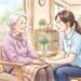 認知症の高齢女性に優しく寄り添い、手を握って安心させる介護者の様子