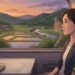 新幹線の車窓から故郷を見つめる一人っ子の遠距離介護をイメージしたイラスト